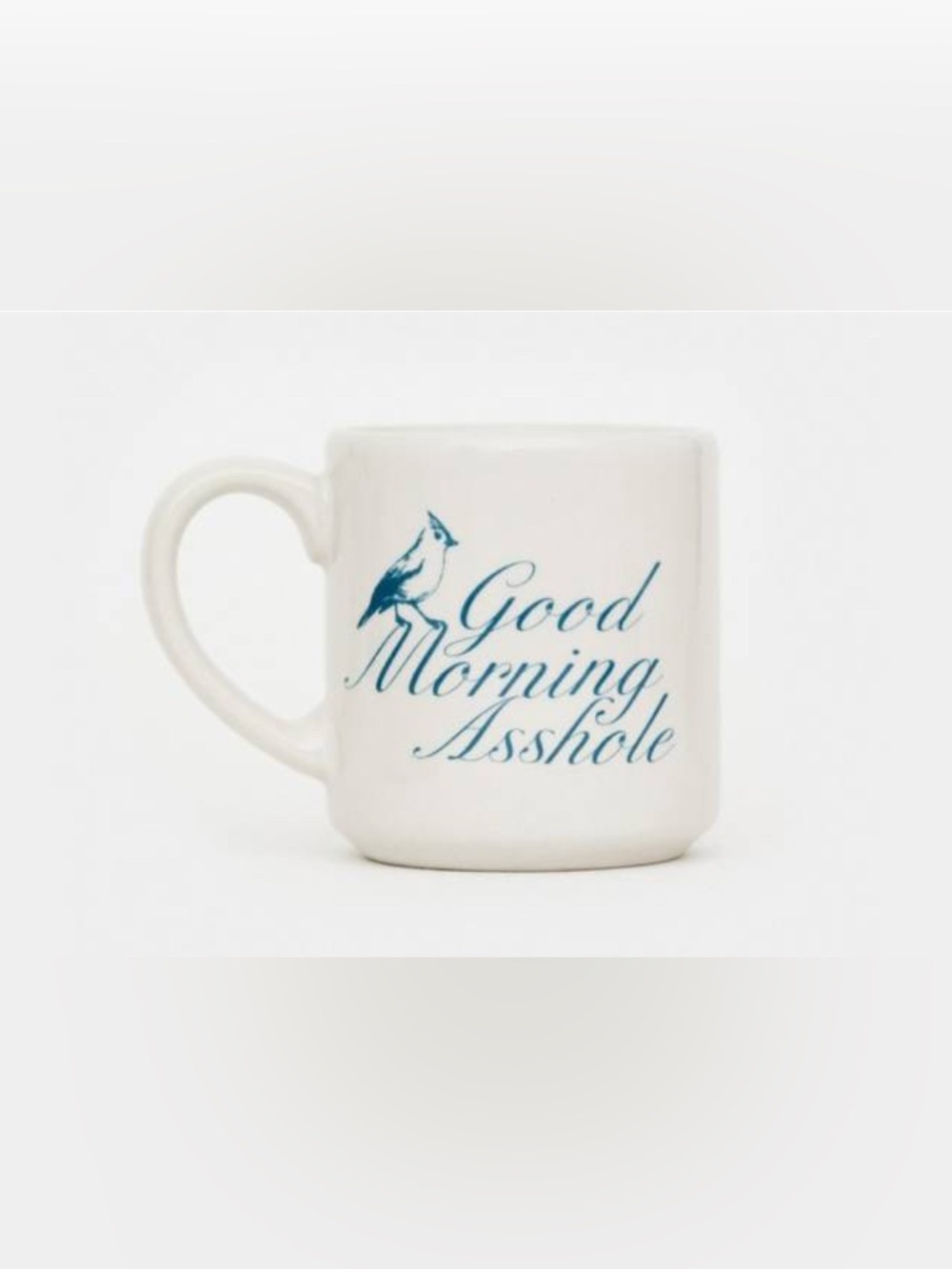Ceramic 'Good Morning’ White Mug with Blue Script and Bird